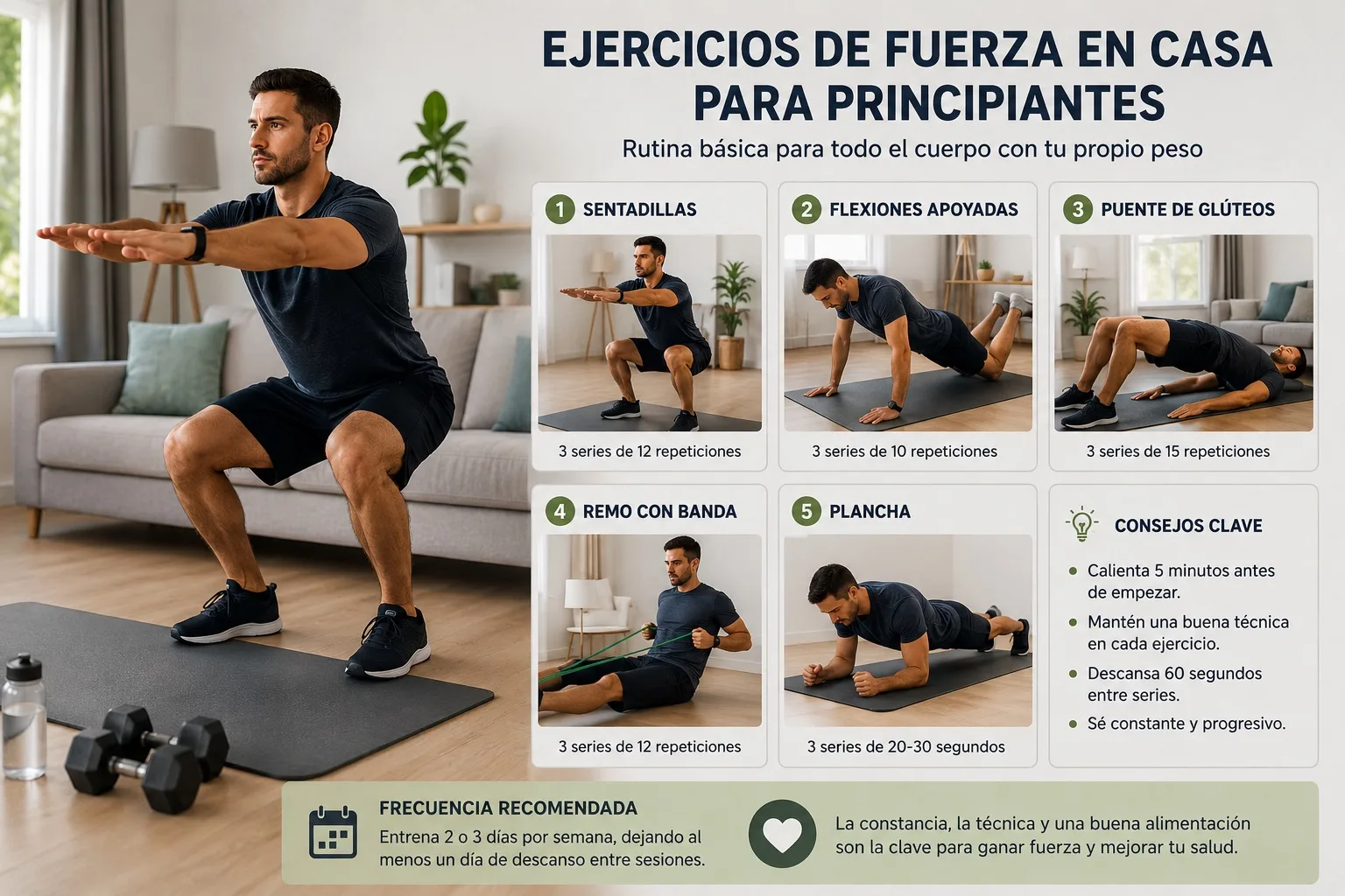 Rutina de ejercicios de fuerza en casa para principiantes con sentadillas, flexiones, puente de glúteos y plancha.