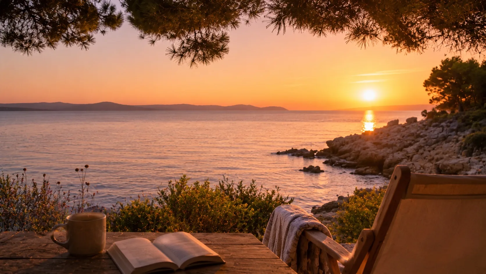Atardecer tranquilo junto al mar con un libro abierto que refleja el ánimo de agosto, la pausa y el descanso del verano