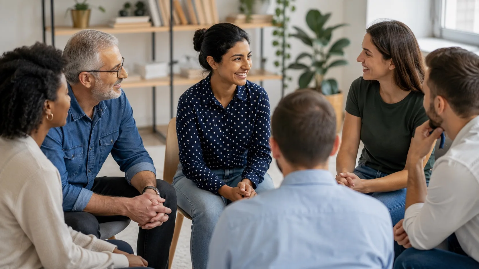 Personas dialogando con respeto sobre diferentes ideas y creencias en un ambiente de convivencia y escucha activa.
