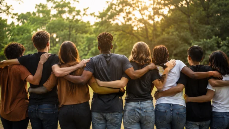 Grupo de personas de diferentes orígenes unido en un parque, símbolo del respeto hacia los demás y la convivencia.