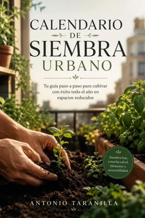 Portada de un libro donde unas manos plantan una plántula en un huerto urbano, junto al texto «Calendario de siembra urbano» y el nombre del autor.