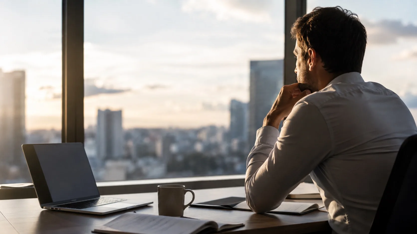 Profesional reflexionando sobre su carrera y cómo ascender en el trabajo desde un despacho con vistas a la ciudad.