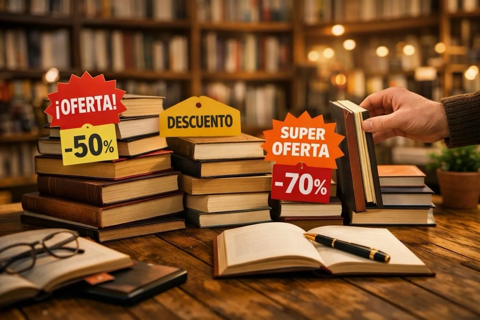 Una mano toma un libro entre varios volúmenes apilados en una librería, con carteles que anuncian ofertas de hasta el 70 %.